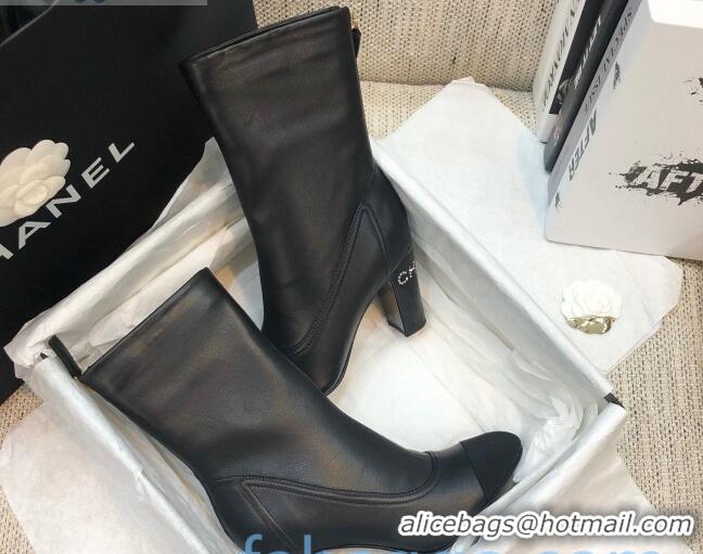 Luxury Chanel Calfskin Crystal Heel 85mm Short Boots Black 92236