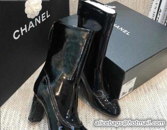 Hot Style Chanel Patent Leather Crystal Heel 85mm Short Boots Black 92238