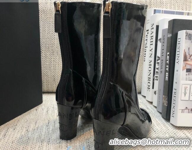 Hot Style Chanel Patent Leather Crystal Heel 85mm Short Boots Black 92238