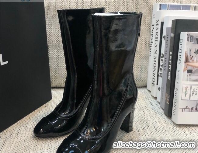 Hot Style Chanel Patent Leather Crystal Heel 85mm Short Boots Black 92238