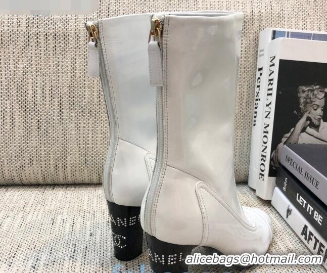 Luxury Style Chanel Patent Leather Crystal Heel 85mm Short Boots 92238 White