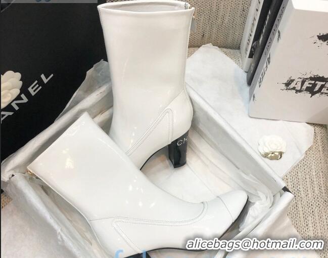 Luxury Style Chanel Patent Leather Crystal Heel 85mm Short Boots 92238 White