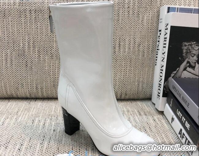 Luxury Style Chanel Patent Leather Crystal Heel 85mm Short Boots 92238 White