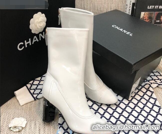 Luxury Style Chanel Patent Leather Crystal Heel 85mm Short Boots 92238 White