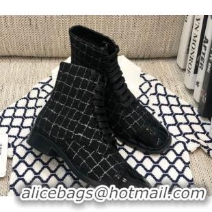 Discount Chanel Checked Tweed Lace-up Short Boots 92240 Black