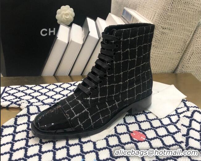 Discount Chanel Checked Tweed Lace-up Short Boots 92240 Black