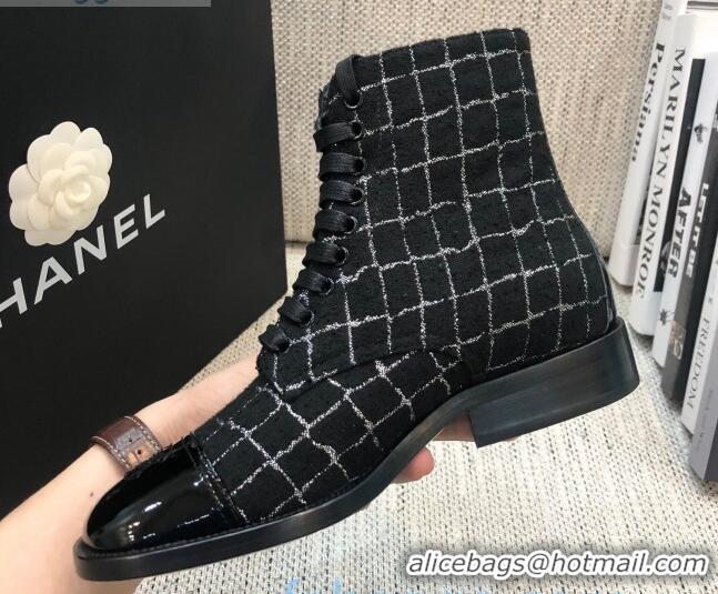 Discount Chanel Checked Tweed Lace-up Short Boots 92240 Black