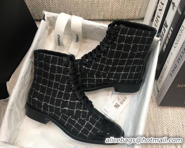 Discount Chanel Checked Tweed Lace-up Short Boots 92240 Black