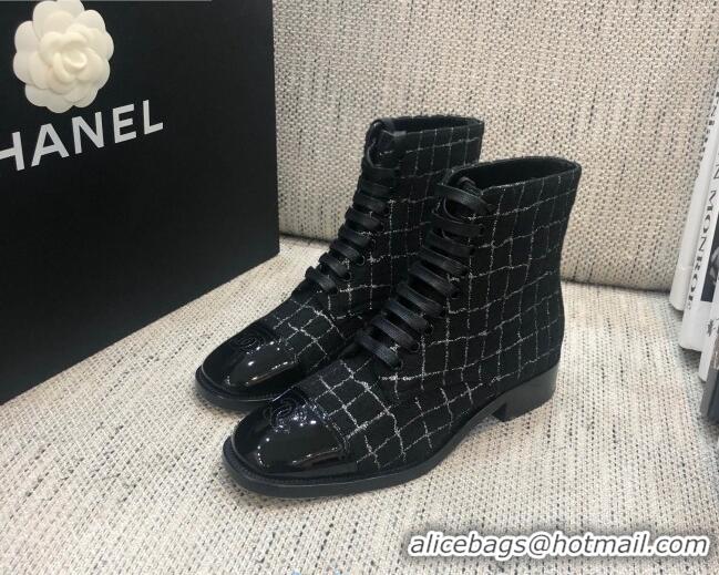 Discount Chanel Checked Tweed Lace-up Short Boots 92240 Black