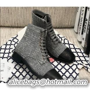 Stylish Chanel Checked Tweed Lace-up Short Boots 92240 Gray