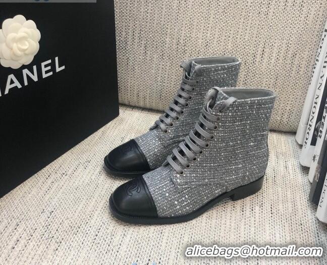 Stylish Chanel Checked Tweed Lace-up Short Boots 92240 Gray