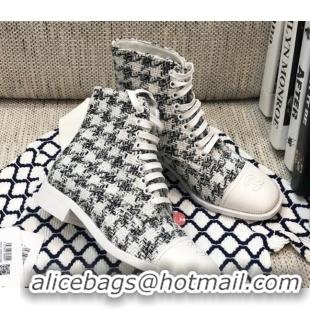 Best Grade Chanel Checked Tweed Lace-up Short Boots 92240 Black/White