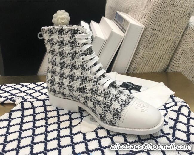 Best Grade Chanel Checked Tweed Lace-up Short Boots 92240 Black/White