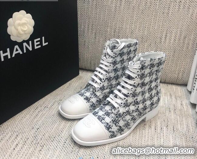 Best Grade Chanel Checked Tweed Lace-up Short Boots 92240 Black/White