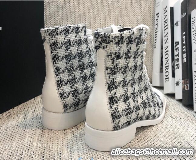 Best Grade Chanel Checked Tweed Lace-up Short Boots 92240 Black/White