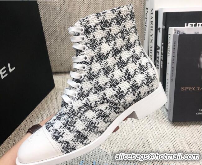 Best Grade Chanel Checked Tweed Lace-up Short Boots 92240 Black/White