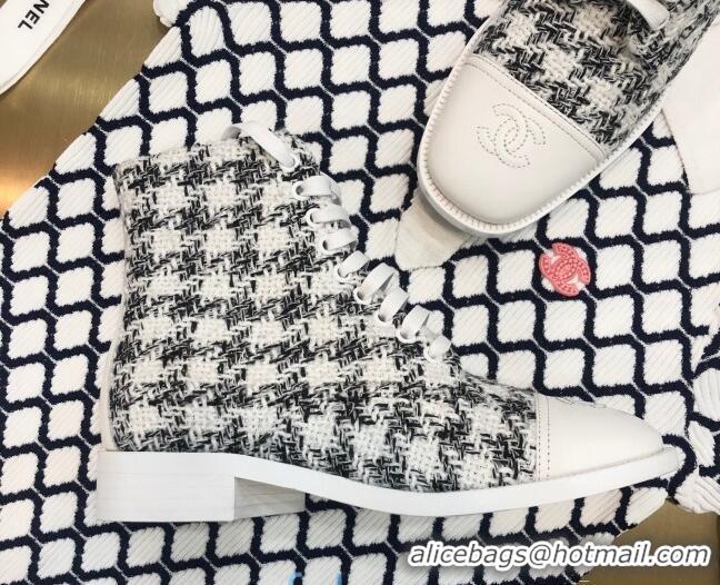 Best Grade Chanel Checked Tweed Lace-up Short Boots 92240 Black/White