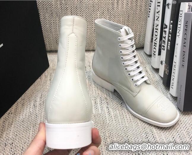 Luxury Chanel Calfskin Lace-up Short Boots 92243 White