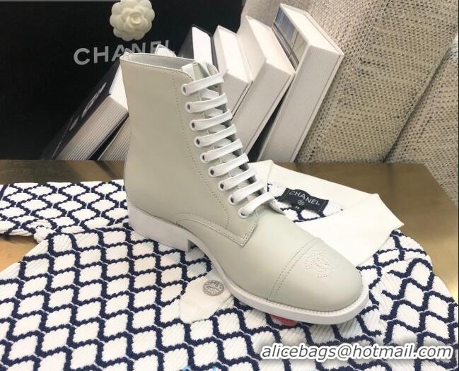 Luxury Chanel Calfskin Lace-up Short Boots 92243 White