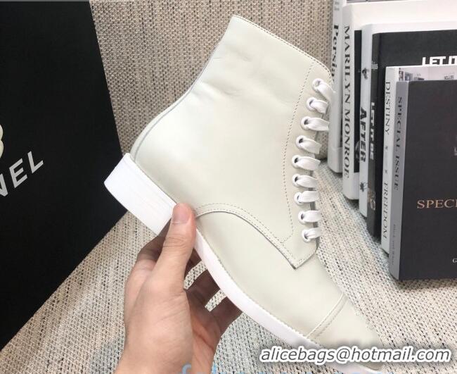 Luxury Chanel Calfskin Lace-up Short Boots 92243 White