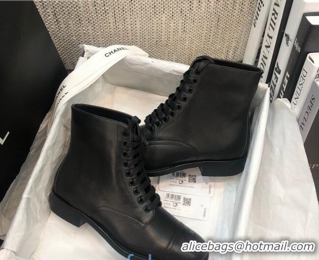 Stylish Chanel Calfskin Lace-up Short Boots 92243 Black