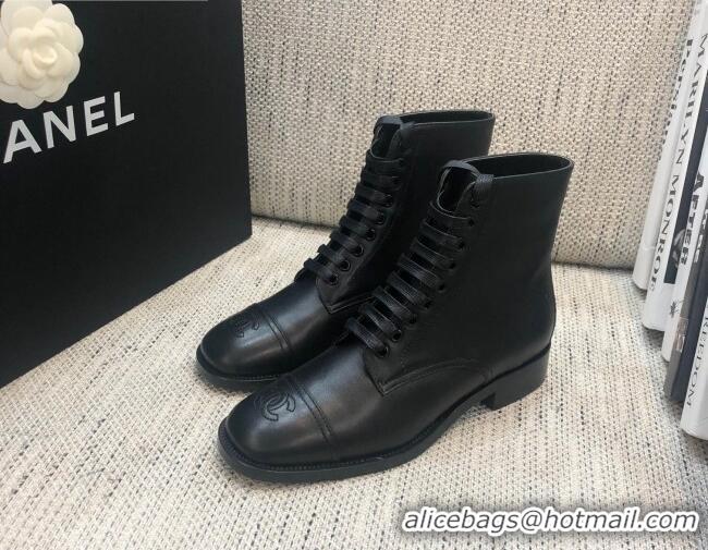 Stylish Chanel Calfskin Lace-up Short Boots 92243 Black