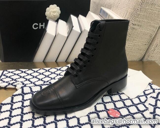 Stylish Chanel Calfskin Lace-up Short Boots 92243 Black