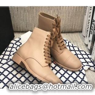 Good Quality Chanel Calfskin Lace-up Short Boots 92243 Apricot