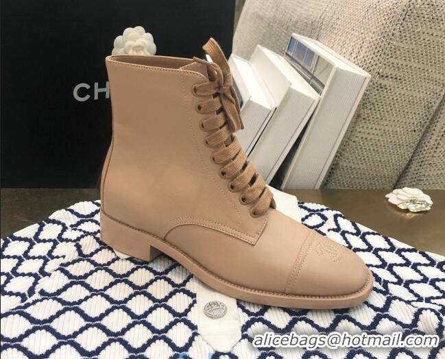 Good Quality Chanel Calfskin Lace-up Short Boots 92243 Apricot