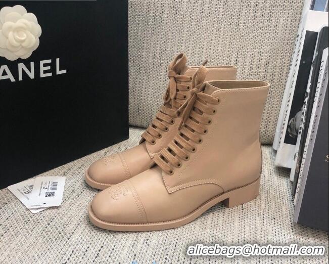 Good Quality Chanel Calfskin Lace-up Short Boots 92243 Apricot