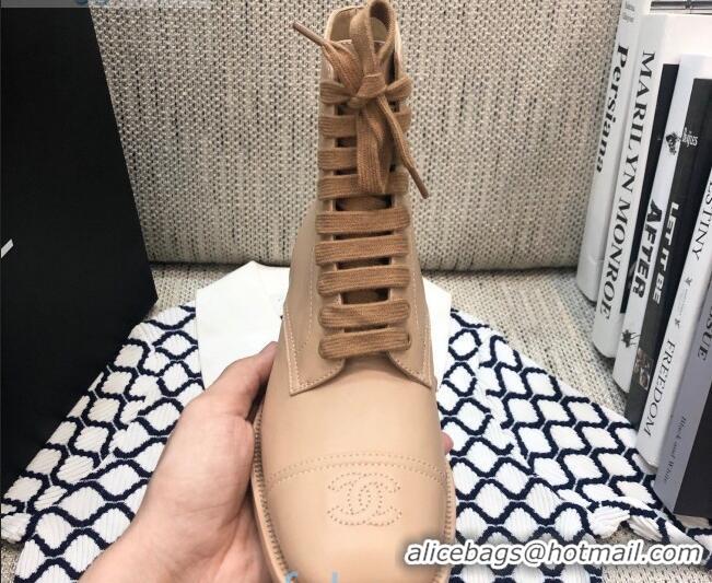 Good Quality Chanel Calfskin Lace-up Short Boots 92243 Apricot