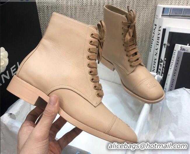 Good Quality Chanel Calfskin Lace-up Short Boots 92243 Apricot