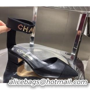 Purchase Chanel Lambskin Pumps with Golden Letters Strap 92303 Black