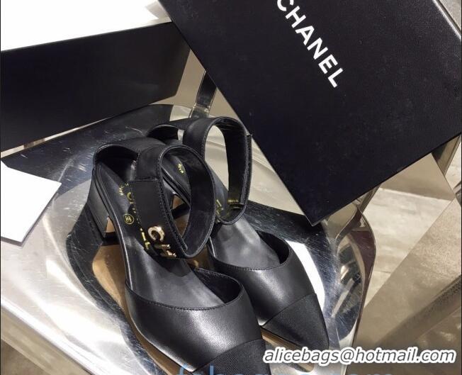 Purchase Chanel Lambskin Pumps with Golden Letters Strap 92303 Black