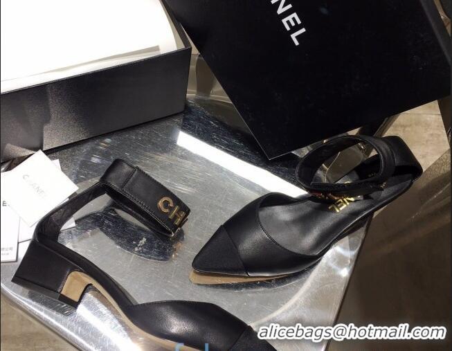 Purchase Chanel Lambskin Pumps with Golden Letters Strap 92303 Black