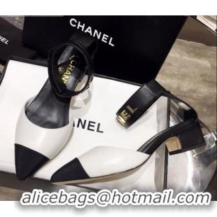 Grade Quality Chanel Lambskin Pumps with Golden Letters Strap 92303 White