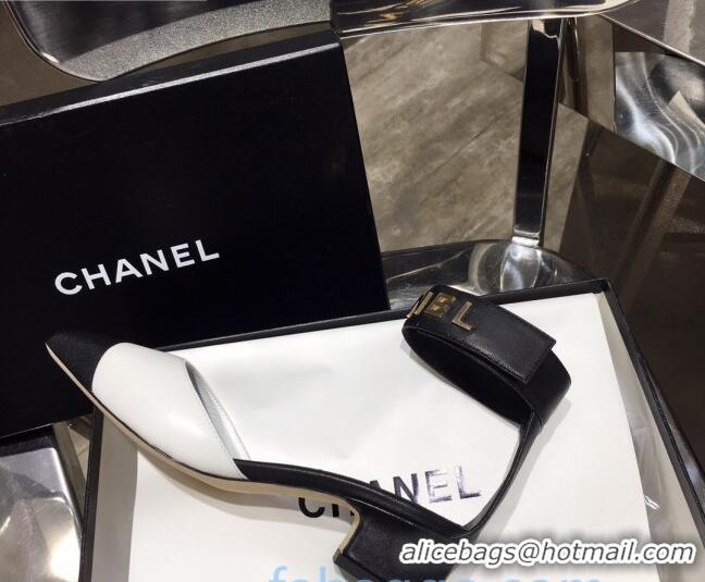 Grade Quality Chanel Lambskin Pumps with Golden Letters Strap 92303 White