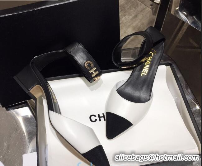 Grade Quality Chanel Lambskin Pumps with Golden Letters Strap 92303 White