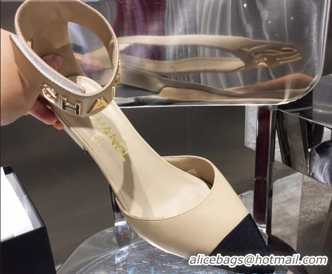 Sophisticated Chanel Lambskin Pumps with Golden Letters Strap 92303 Nude