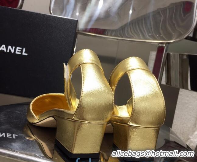 Classic Specials Chanel Lambskin Pumps with Golden Letters Strap 92303 Gold