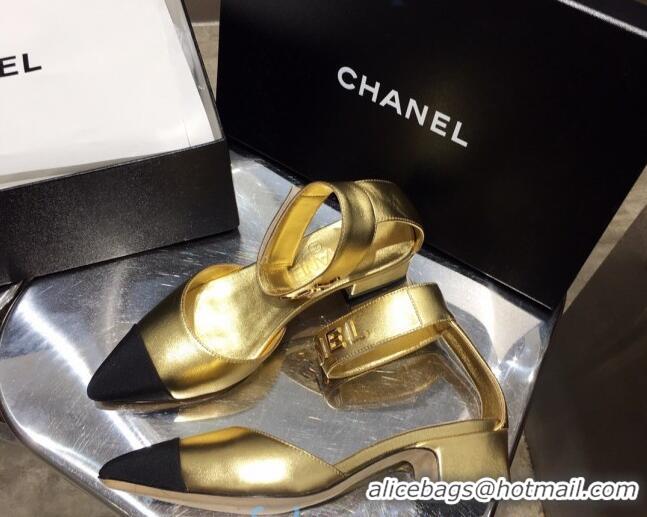 Classic Specials Chanel Lambskin Pumps with Golden Letters Strap 92303 Gold