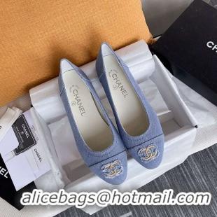 Top Design Chanel Classic Zip Denim Ballerinas Flats G18019 Light Blue