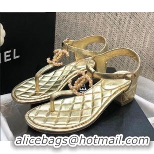 Top Design Chanel Laminated Lambskin Heel Thong Sandals G36402 Gold 2020