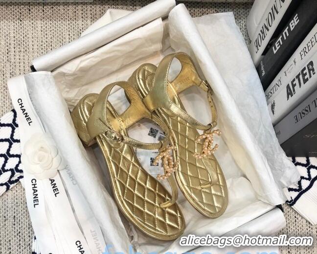 Top Design Chanel Laminated Lambskin Heel Thong Sandals G36402 Gold 2020