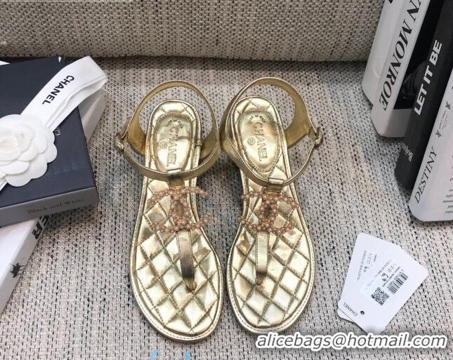 Top Design Chanel Laminated Lambskin Heel Thong Sandals G36402 Gold 2020