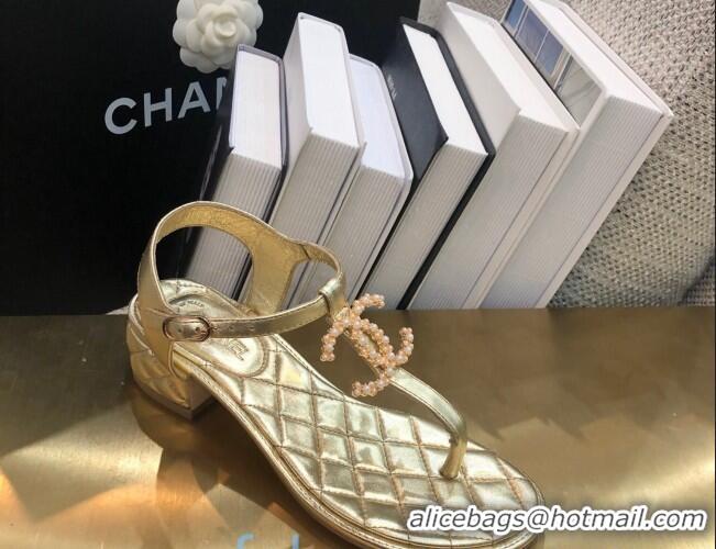 Top Design Chanel Laminated Lambskin Heel Thong Sandals G36402 Gold 2020