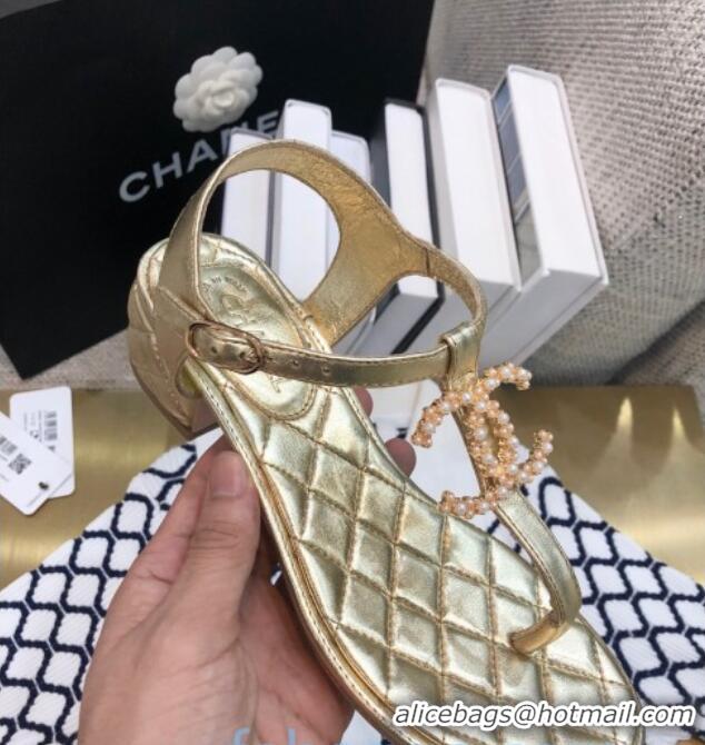 Top Design Chanel Laminated Lambskin Heel Thong Sandals G36402 Gold 2020