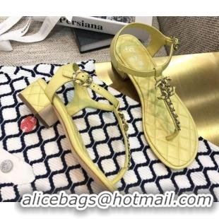 Luxury Chanel Lambskin Heel Thong Sandals with Chain Charm G36402 Yellow 2020 