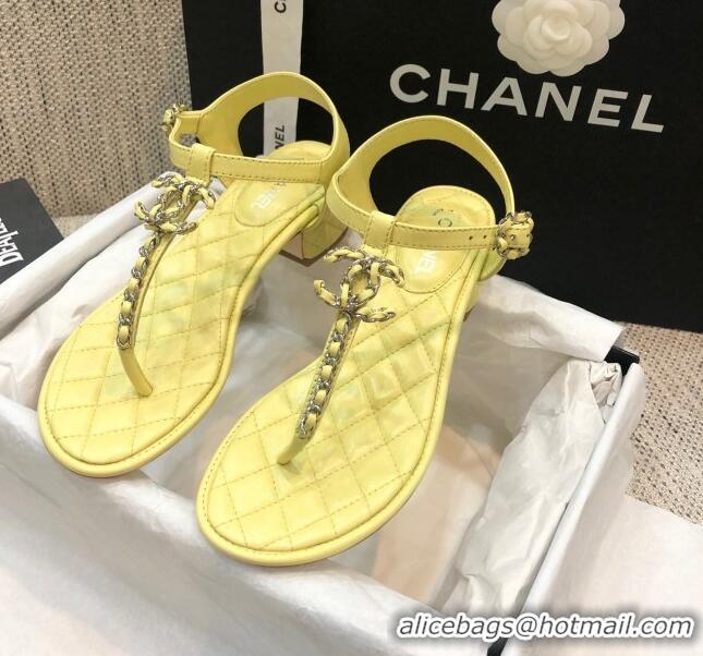 Luxury Chanel Lambskin Heel Thong Sandals with Chain Charm G36402 Yellow 2020 