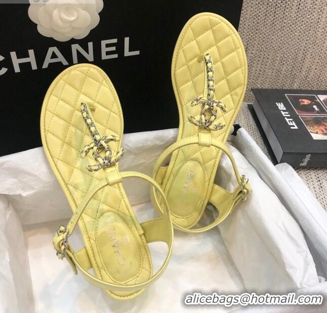 Luxury Chanel Lambskin Heel Thong Sandals with Chain Charm G36402 Yellow 2020 